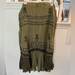 Olive Green A-Line Skirt with Black/Gold Embroidery